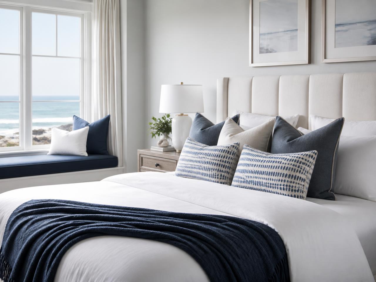 Freshly made coastal bedroom with white linens