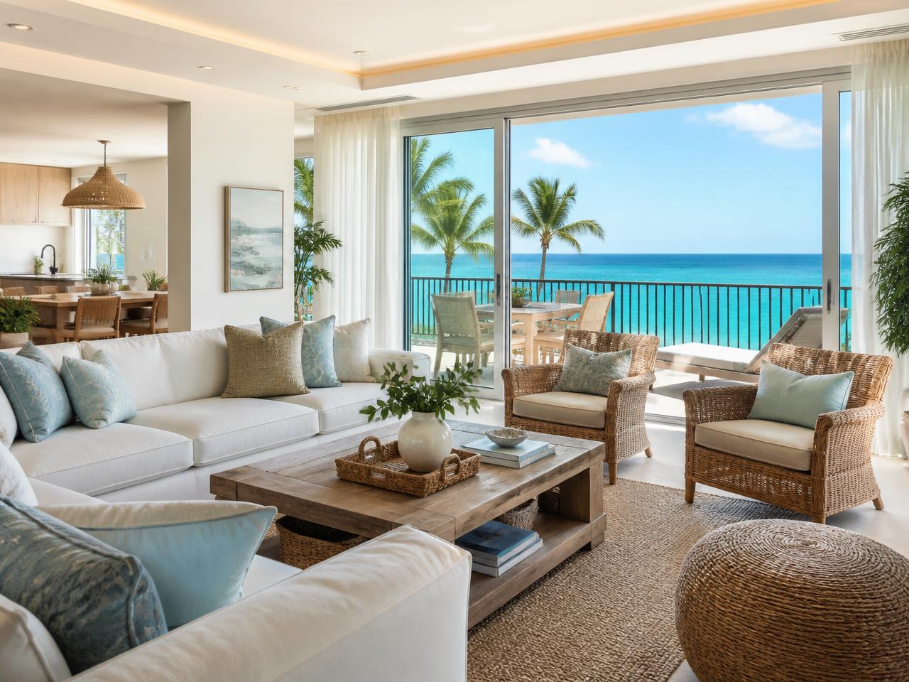 Bright oceanfront rental living room ready for guests